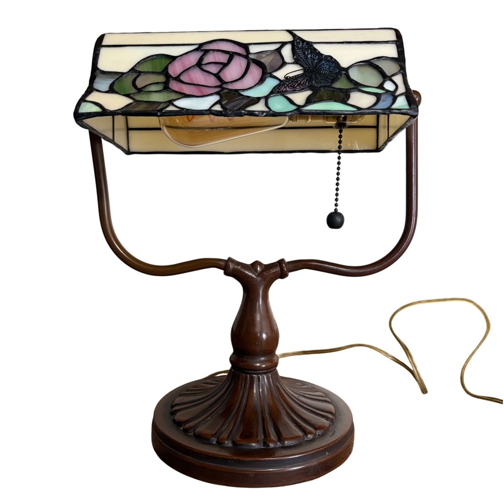 Vintage Tiffany Style Stained Glass Bankers Desk Lamp Floral Butterfly Victorian - Picture 3 of 16